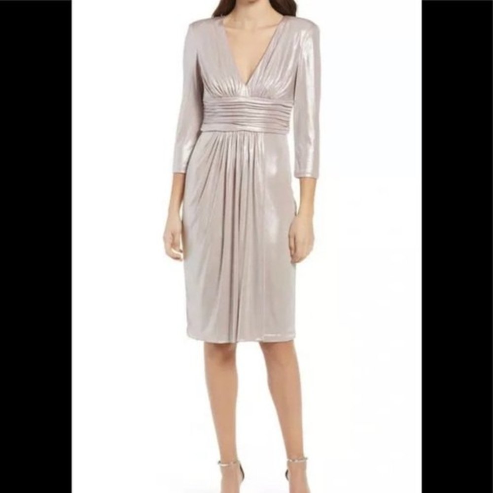 Vince Camuto Women's Size 6 Taupe Rose Metallic Ruched Waist Long Sleeve Dress